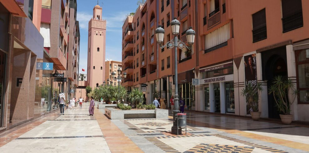 View of Marrakech city with Atlas Mountains background