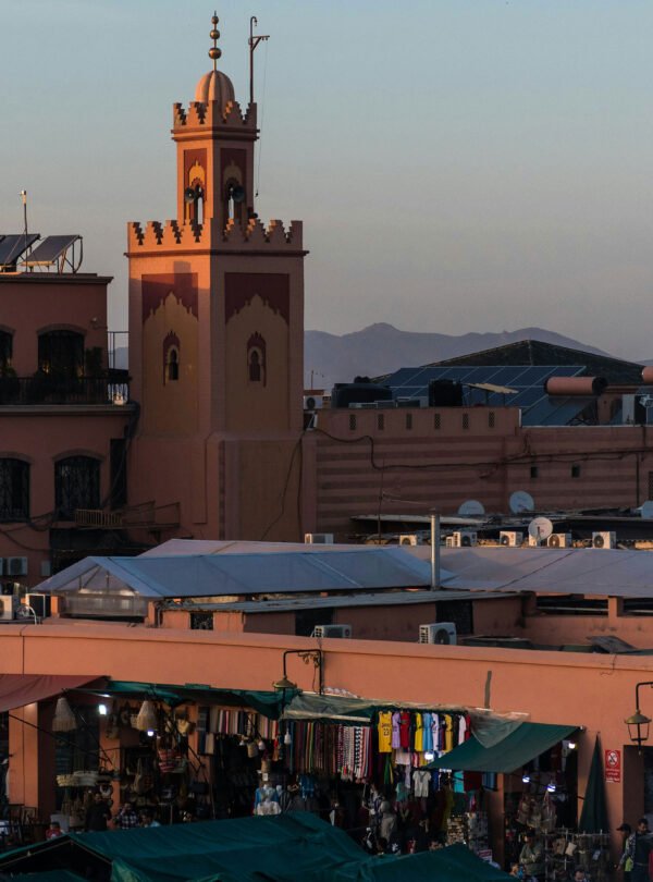 Panoramic view of Marrakech city and historic medina streets